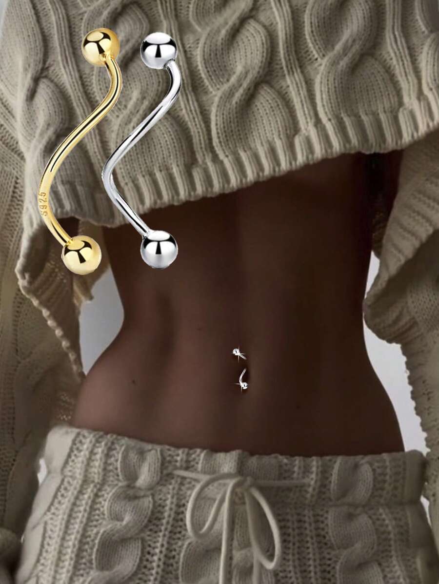 1PC 925 Sterling Silver Bead Belly Button Ring Belly Piercing Jewelry Short Bar Navel Ring Piercings Gift For Women