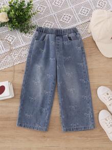 Jeans de mezclilla de diseño con moño de estilo casual para niña, para el verano