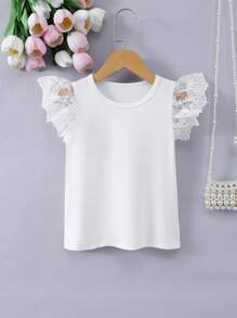 Elegantes, lässiges T-Shirt mit Spitzenbesatz Einfarbig für Kleine Mädchen, Frühling/Sommer