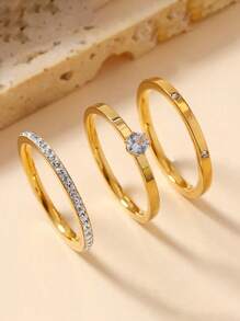 3 Pcs Luxury Zirconia Stainless Steel Ring Set, Classic & Fashionable Rings Accessory For Women