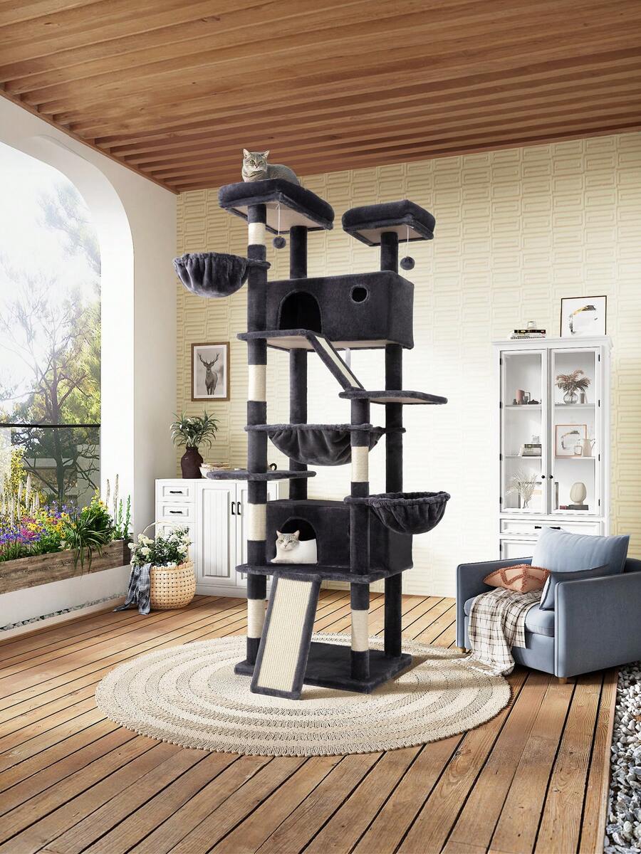 81in Multi-Level Tall Cat Tree Tower For Indoor Kitties/Larger Cat Condo Furniture With Hammock/Cozy Pussycat Perches/Sisal Scratching Posts/Pet House/Wide Base, Grey|Beige|Dark Grey|Pink|Leopard Print|White & Black Spot - 深灰色 - 查看 1
