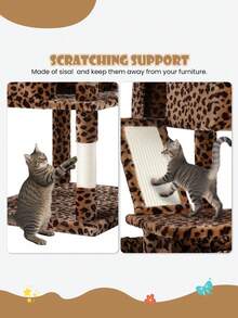 SHA CERLIN 81in Multi-Level Tall Cat Tree Tower For Indoor Kitties/Larger Cat Condo Furniture With Hammock/Cozy Pussycat Perches/Sisal Scratching Posts/Pet House/Wide Base, Grey|Beige|Dark Grey|Pink|Leopard Print|White & Black Spot - 豹紋 - 查看 7