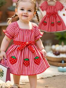 Baby Girl Fashion Simple Puff Sleeve Princess Woven Patch Dress With Strawberry Patch, Suitable For Holiday Gatherings, Outings, Home Vacations, Summer - Red - View 3