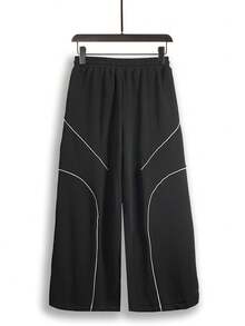 男士线条印花宽松休闲裤，街头风格，四季皆宜 - 黑色 - 查看 5