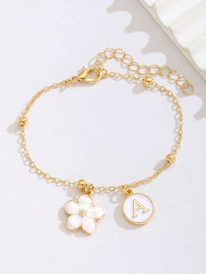 1件时尚花卉字母串珠手链，可定制名字，适合儿童、海滩、日常佩戴