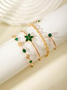 imoli 4pcs Minimalist Floral Rhinestone Butterfly Bracelet Set, Hand-Made Adjustable Size, Ideal Gift For Dates - Green - View 7