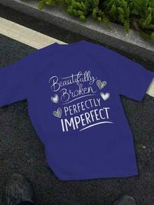 Illustration Typography Beautifully BROKEN Perfectly IMPERFECT Pure Cotton Women's T-Shirt Comfort Fit - Blue - View 1