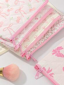 1Piece Large Capacity Floral Cosmetic Bag With Pink Zipper Portabel Quilted Floral Handheld Cosmetic Bag Makeup Bag Bowknot Pattern Travel Skin Care Storage Bag Dourable Cherry Pattern Cosmetic Pouch Make Up Organizer Toiletry Bag - Multicolor - View 6