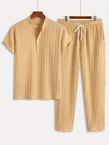 2pcs Men's Casual Solid Color Suit Set, Soft Comfortable Fabric Shirt & Trousers, Elegant Minimalist Stylish Outfit