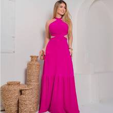 Long Ruffle Dress With Triangle Front And Cross Detail At The Waist - Rose Red - View 2