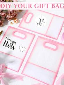 Bộ 5 túi quà bằng nhựa trong suốt có thể tái sử dụng, có quai xách cắt sẵn, kèm ruy băng, thích hợp cho đám cưới, tiệc cưới, tiệc sinh nhật, sự kiện kinh doanh, có thể dùng làm bao bì quà tặng Ngày của Mẹ (Màu hồng) - Hồng - Xem 6