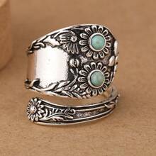 1pc Vintage Carving Open Ring With Geometric Turquoise Design, Creative Women's Jewelry For Daily Gatherings
