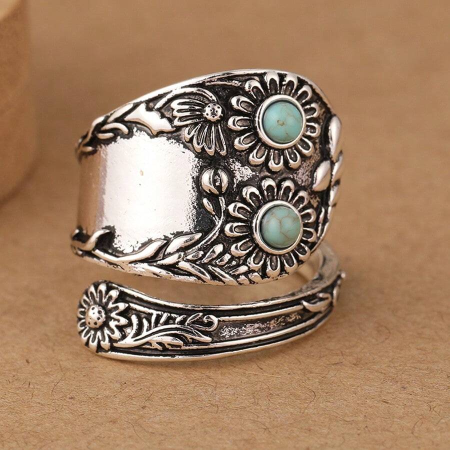 1pc Vintage Carving Open Ring With Geometric Turquoise Design, Creative Women's Jewelry For Daily Gatherings