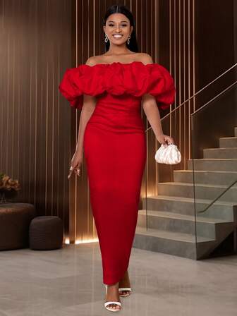 Vestido largo rojo con volantes de manga corta y hombros descubiertos, ajustado, adecuado para invitada de boda, ceremonia de graduación, gala, cita, fiesta, boda, dama de honor, ceremonia de graduación, invitada de boda, atuendo rojo de regreso a clases, también adecuado para Año Nuevo, Día de San Valentín