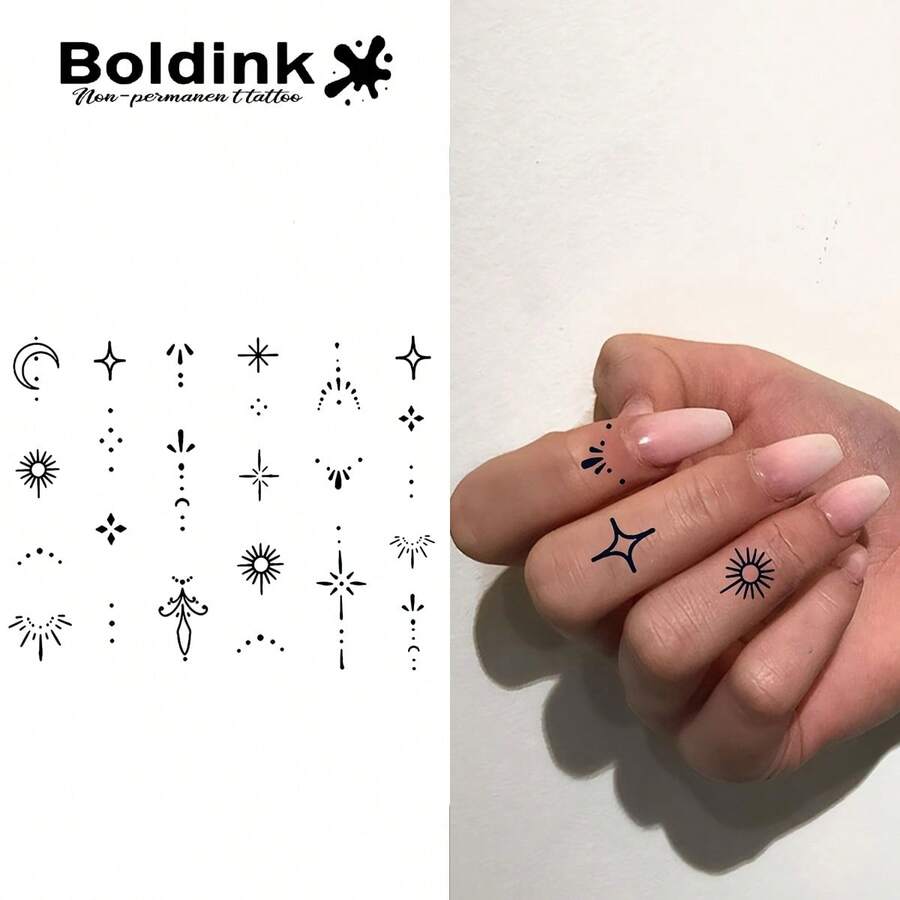 Boldink 非永久性纹身，月亮、太阳、月光、心形图案，DIY 临时纹身，防水，持久 1-2 周，自然简单的临时纹身贴纸，有趣的纹身体验