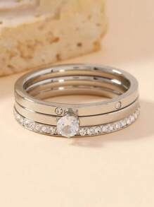 3 Pcs Luxury Zirconia Stainless Steel Ring Set, Classic & Fashionable Rings Accessory For Women