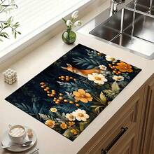 1 pieza Alfombra absorbente con estampado floral/Alfombra de secado, Protector de mesa de poliéster para encimera de cocina, cafetera, utensilios - Mantel individual para barra del hogar y mesa de comedor