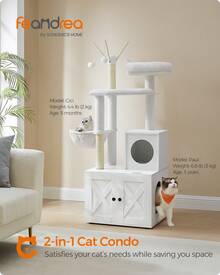 Cat Tree With Litter Box Enclosure, 2-In-1 Modern Cat Tower, 55.1-Inch Cat Condo With Scratching Posts, Removable Pompom Sticks, Cloud White - 雲白 - 查看 1