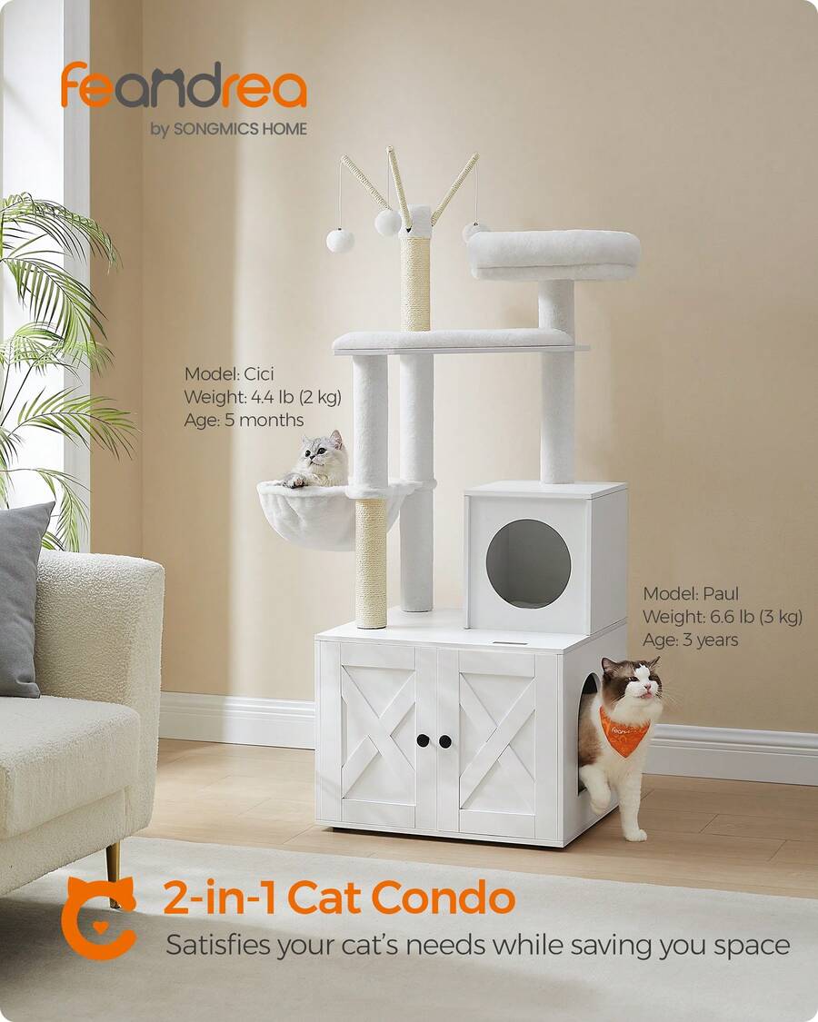 Cat Tree With Litter Box Enclosure, 2-In-1 Modern Cat Tower, 55.1-Inch Cat Condo With Scratching Posts, Removable Pompom Sticks, Cloud White - 雲白 - 查看 1
