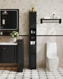 HaluPeit Bathroom Storage Cabinet, Narrow Toilet Paper Storage Cabinet, Tall Toilet Paper Holder With 2 Doors And 1 Drawer, Bathroom Organizer With Adjustable Shelf, 1 Hook For Small Spaces,Home Decor, Black - Black - View 1