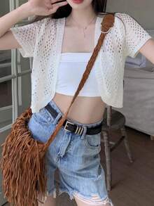 1pc Lightweight Perforated Mesh Shawl Cardigan, Versatile Summer Cover Up, Short Sleeve, Thin, Women For Dress - Knitted Shawl - View 6