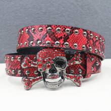 BIG Skull Rhinestone Belt Western Cowboy Style Men Belt Punk Rivet Jeans Belts NEW Metal Rivet Cowboy Belt Snake Pattern Summer, School Autumn-Winter Accessories,Suitable For Teens, Youth,Men,Casual, Outdoor, Athletic, Vacation, Graduation Gifts, Birthday, Daily Wear