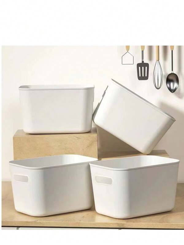 4 piezas/6 piezas Cestas de almacenamiento blancas de plástico con asa - Cestas de almacenamiento rectangulares multifuncionales, adecuadas para gabinetes de cocina, baños y salas de té - Son muy adecuadas para almacenar condimentos, bocadillos y artículos necesarios, así como cestas de almacenamiento.