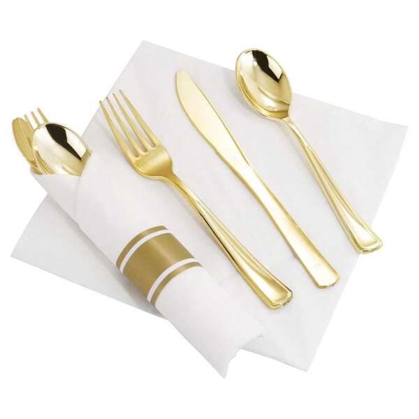 200pcs Gold Tableware Set, Includes 50pcs Forks, 50pcs Knives, 50pcs Spoons And 50pcs Napkins, Suitable For Party, Wedding, Holiday Gatherings