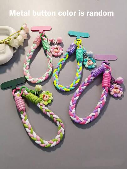 [小型防盗手机壳] 手机挂绳向日葵可爱青少年吊坠时尚户外旅行徒步腕带，短款防丢防盗手机壳小挂绳男女皆宜 - 金属扣颜色随机