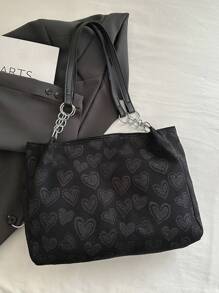 Large-Capacity Women's Casual Tote Bag With Heart Charm, Elegant For School, Shopping