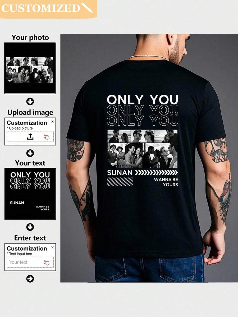 Customized Personalized Men's T-Shirt With Photos And Personalized Text Printed On The Back, Making It A Personalized Gift For Husbands Or Boyfriends,Stylish,Fashion,Hipster,Casual,Minimal Chic,Personalized,Customized,Custom,Unique,Guy Costumes,Capsule Wardrobe,Men Basic/Street Style,Ideal Gifts For Him,Boyfriend,Family,Friends,For Birthdays,For Vacation/Holiday,For School/Competition,For Sports/Climbing