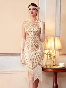 Women's 1920s Vintage Sequined Round Neck Puff Sleeve Fringe Hem Fitted Party Dress, For Cocktail