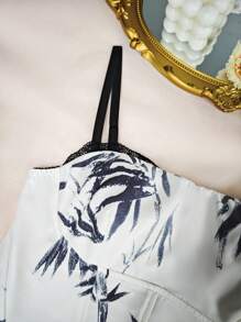 1pc Fashionable, Unique, Comfortable Ink Bamboo Leaf Print Fitted Cropped Zipper Camisole Bustier For Women