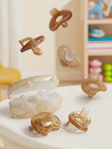 KUNT 3个装婴儿安抚奶嘴，柔软硅胶奶嘴，日夜使用，模拟母乳喂养，扁头和圆头，出牙玩具，带小熊收纳盒，防尘 - 彩色 - 查看 3