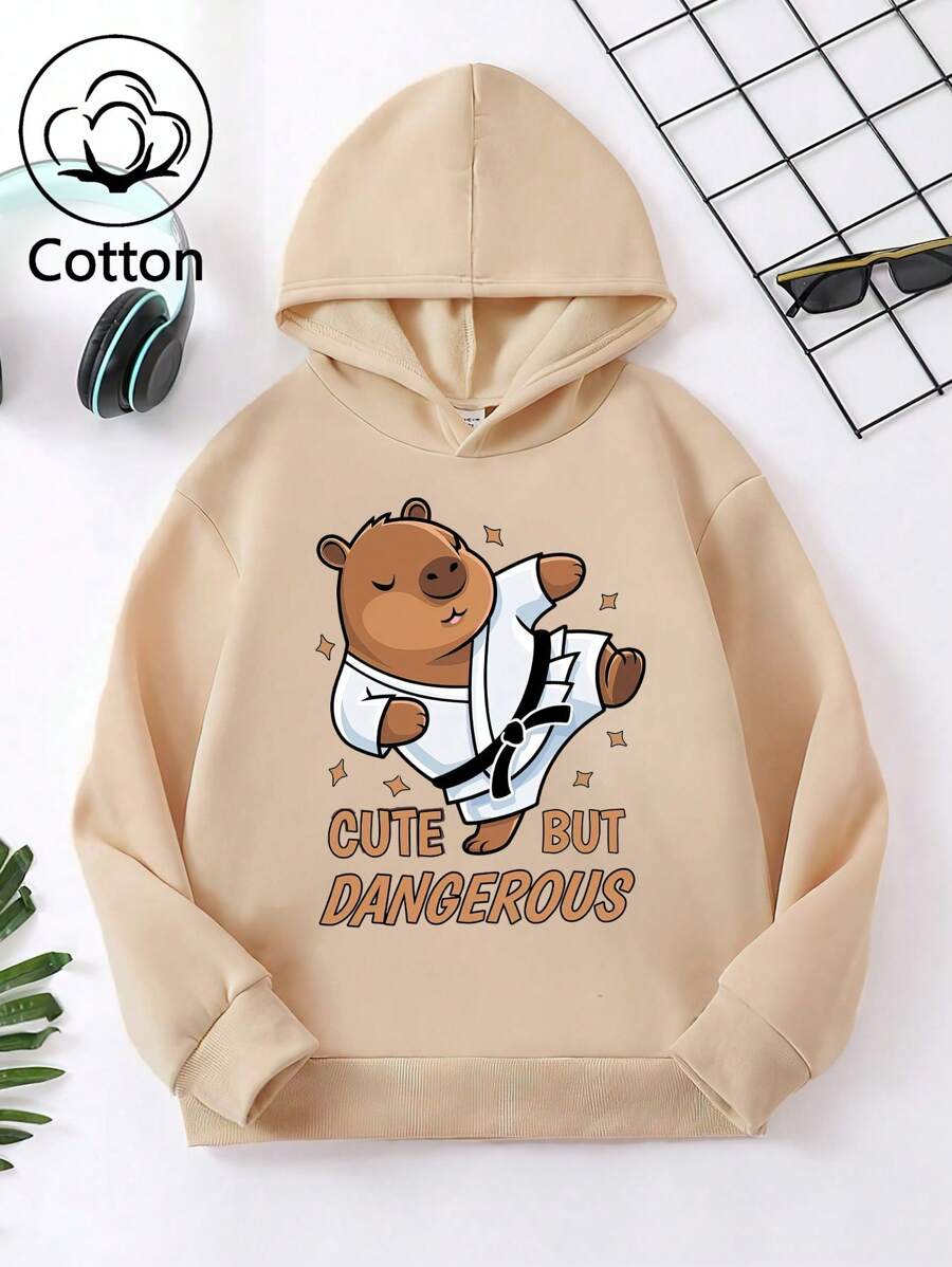 Capibara de Taekwondo, Capibara de Kung Fu, camisetas con estampado de eslogan "Lindo pero peligroso", sudaderas para niño, camisetas blancas de algodón, sudaderas cómodas con hombros caídos, sudaderas informales extragrandes con curvas, sudaderas con cordón versátiles para primavera y otoño, ropa informal holgada para niños, estilo universitario, de calle, con drapeado de algodón, camisetas de manga larga suaves y transpirables.