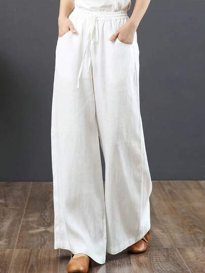 女士纯色腰带口袋高腰直筒宽松阔腿裤