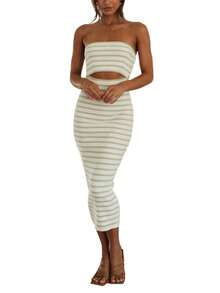 Women Y2K Summer Strapless Maxi Tube Dress Sleeveless Backless Hollowed Striped Patchwork Long Bodycon Dress Party Clubwear