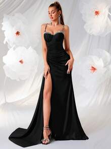 ADYCE Rhinestone Strap Ruched High Waist Long Slit Open Back Tie Ball Gown Formal Evening Dress, Party Dress, For Wedding Guest - Black - View 7