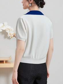 Alicedudu Blusa de manga corta con cuello bordado de estilo minimalista y en contraste de color para mujer, para el verano - Multicolor - Ver 4