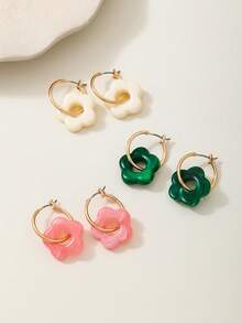 3 Pairs Fashionable Colorful Acrylic Flower & Geometric Hoop Earrings With Tassels, Elegant Earring Sets For Women, Suitable For Daily Commute, Travel, Gifts, Dates, Parties, Beach Vacation