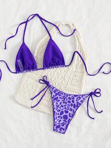 2pcs/Set Women Leopard Print Spaghetti Strap Tie Sexy Bikini Swimwear, Suitable For Beach Vacation Summer - Purple - View 4