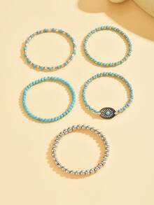 5pcs/Set Cowgirl Style Vintage Turquoise Floral Beaded Bracelet Set, Suitable For Women Or Men Daily Wear - Vintage Flower Bracelet Set - View 3