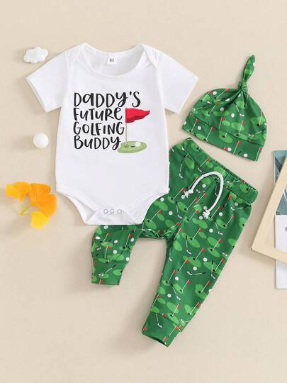 Baby Boys Summer Outfits Letter Print Crew Neck Short Sleeve Rompers Golf Print Long Pants Hat 3Pcs Clothes Set