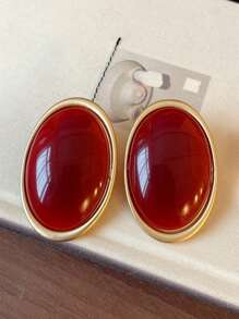 1 Pair Metal Oval Red Exaggerated Earrings, Fashionable Minimalist Royal Style Ear Clips For Women & Girls, Weddings & Parties