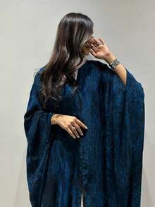 1 件优雅休闲人造丝雪纺扎染印花时尚开襟长袍 Abaya，精致面料和设计，朴素的长袍 - 深藍色 - 查看 1