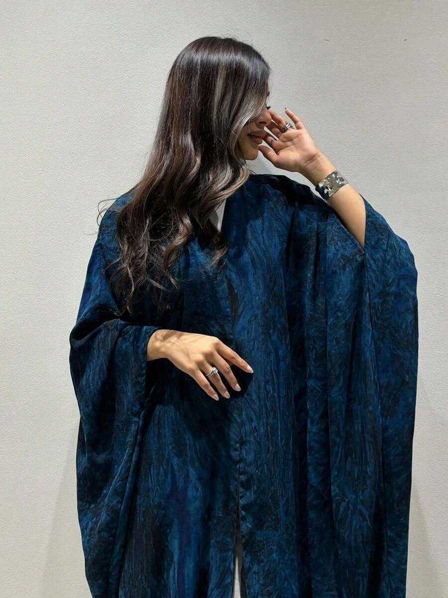 1 件优雅休闲人造丝雪纺扎染印花时尚开襟长袍 Abaya，精致面料和设计，朴素的长袍 - 深藍色 - 查看 1
