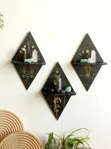 1 件木制浮动壁架 - 手工制作的几何黑色和金色装饰架，用于水晶、多肉植物、珠宝和小物品 - 适合客厅、卧室、办公室和巫术装饰的时尚家居装饰