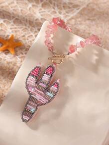 1 Stück handgemachte boho-Stil Halskette mit Naturstein Perle, Stoff Kaktus & Seepferdchen Anhänger, geeignet für Damen Strand Urlaub, Lässig Alltag, Reisegeschenk für Familie und Freunde. Handgefertigt, leichte Abweichungen in Form, Zubehörmenge und Farbe können auftreten.