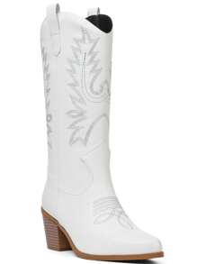 New Women Western Cowgirl Boots, Pointed Toe Embroidered Thick Heel Mid-Calf Fashion Boots White Boots For Women