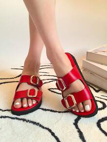 carewill 1 par de sandalias casuales de estilo retro de unicolor para exteriores, zapatos de playa de moda, de piel de PU con cierre deslizante, color rojo - Rojo - Ver 2